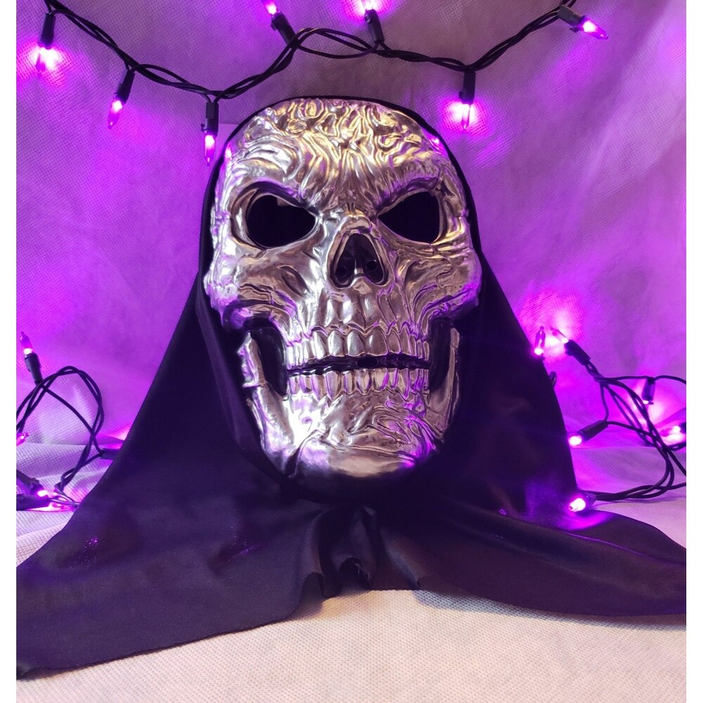 Halloween Silver Molded Plastic Skull Mask with Hood / New